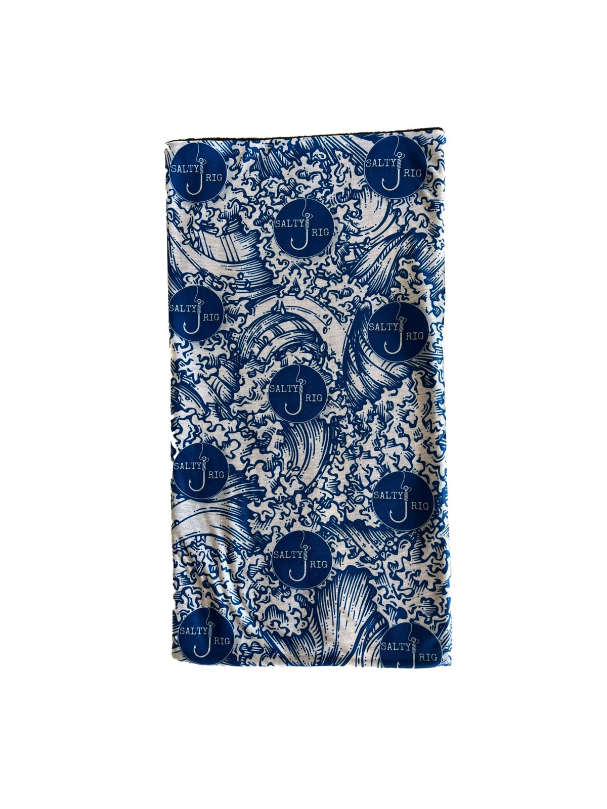Blue and white patterned product with 'J' logo on a white background