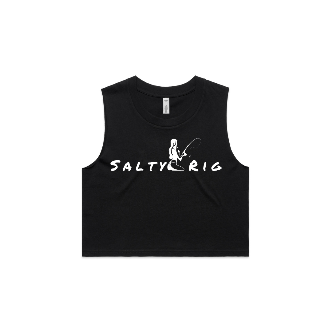Black sleeveless shirt with 'Salty Rig' text and graphic on a white background