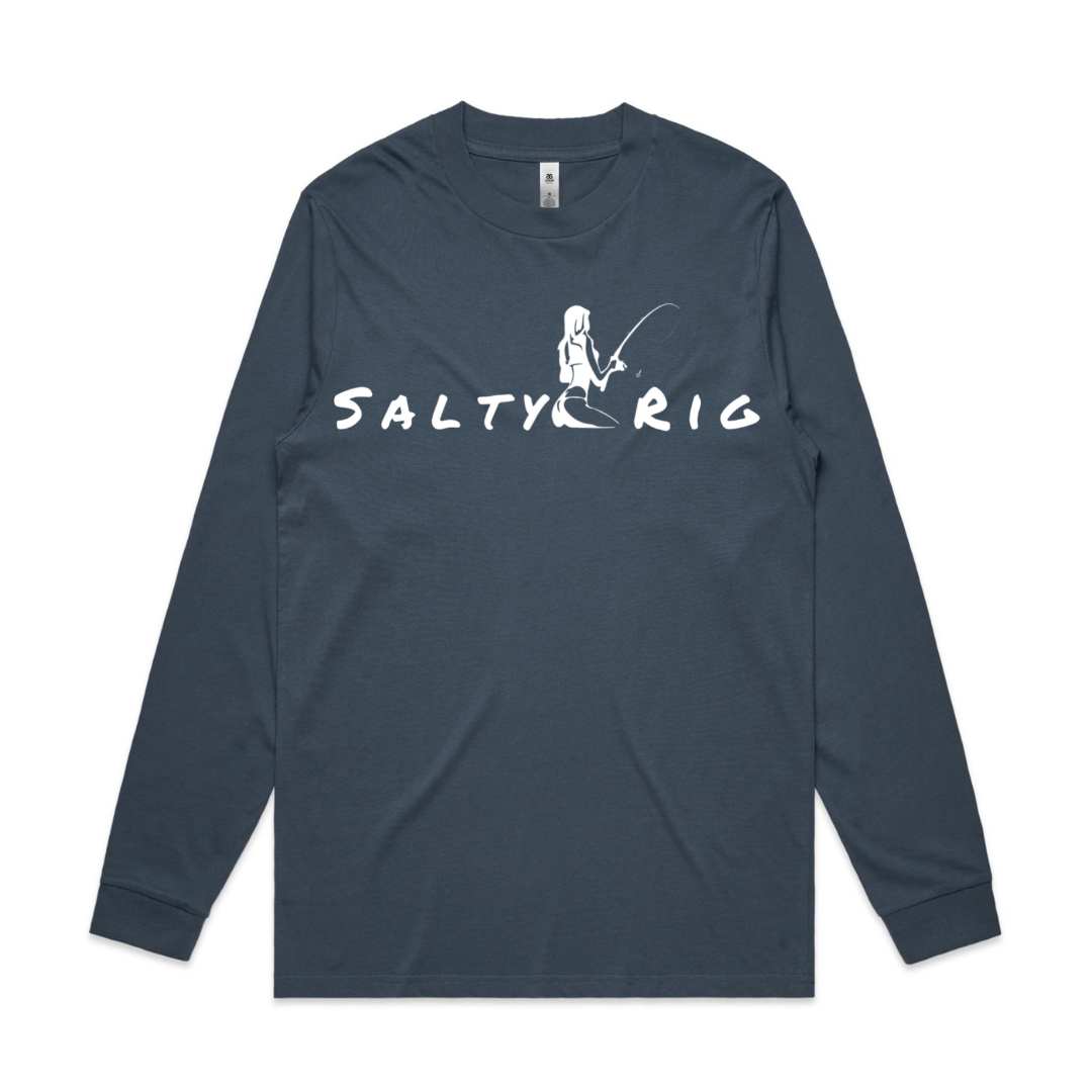 Navy long-sleeve shirt with 'Salty Rig' logo on a white background