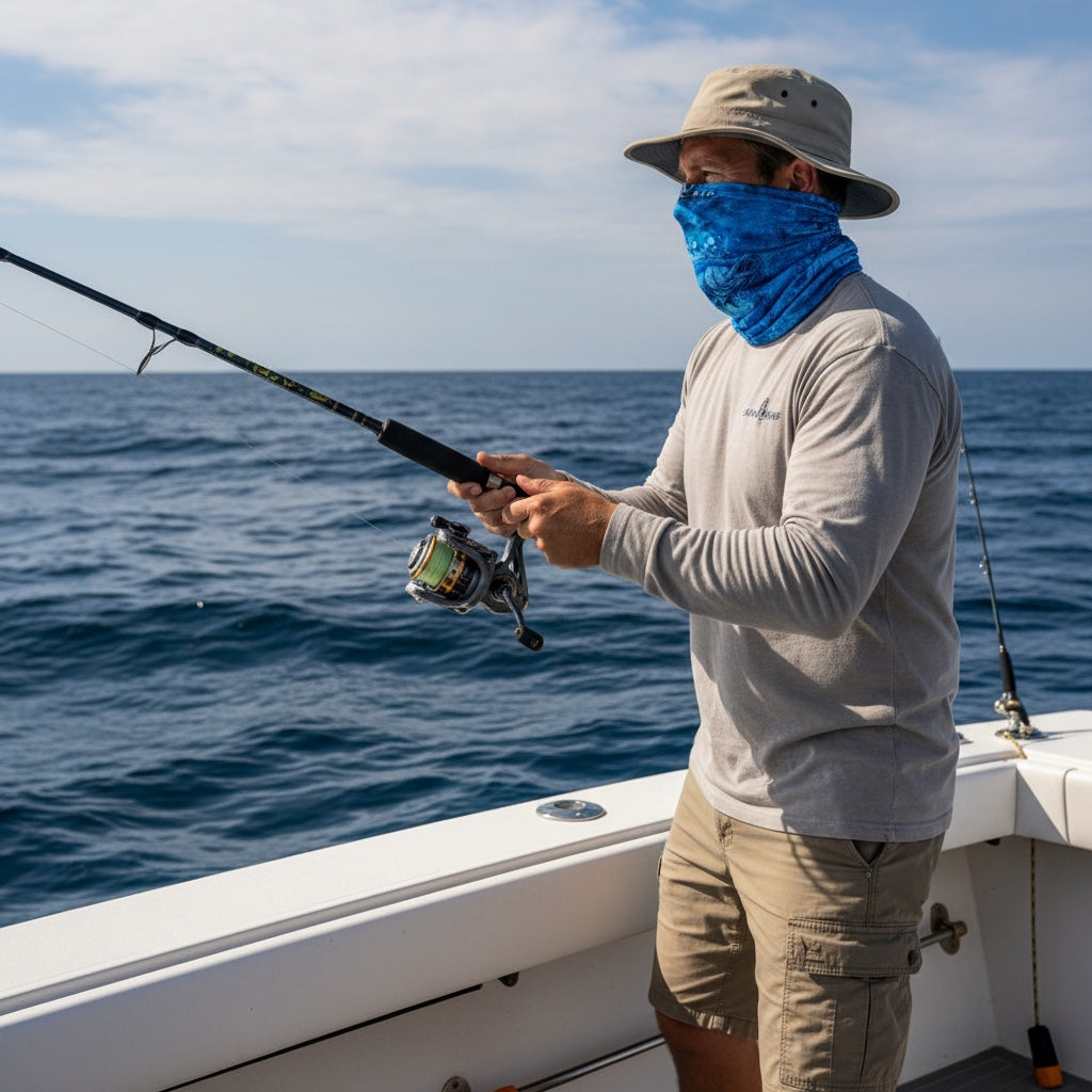 Man fishing on a boat with blue water and sky in the background