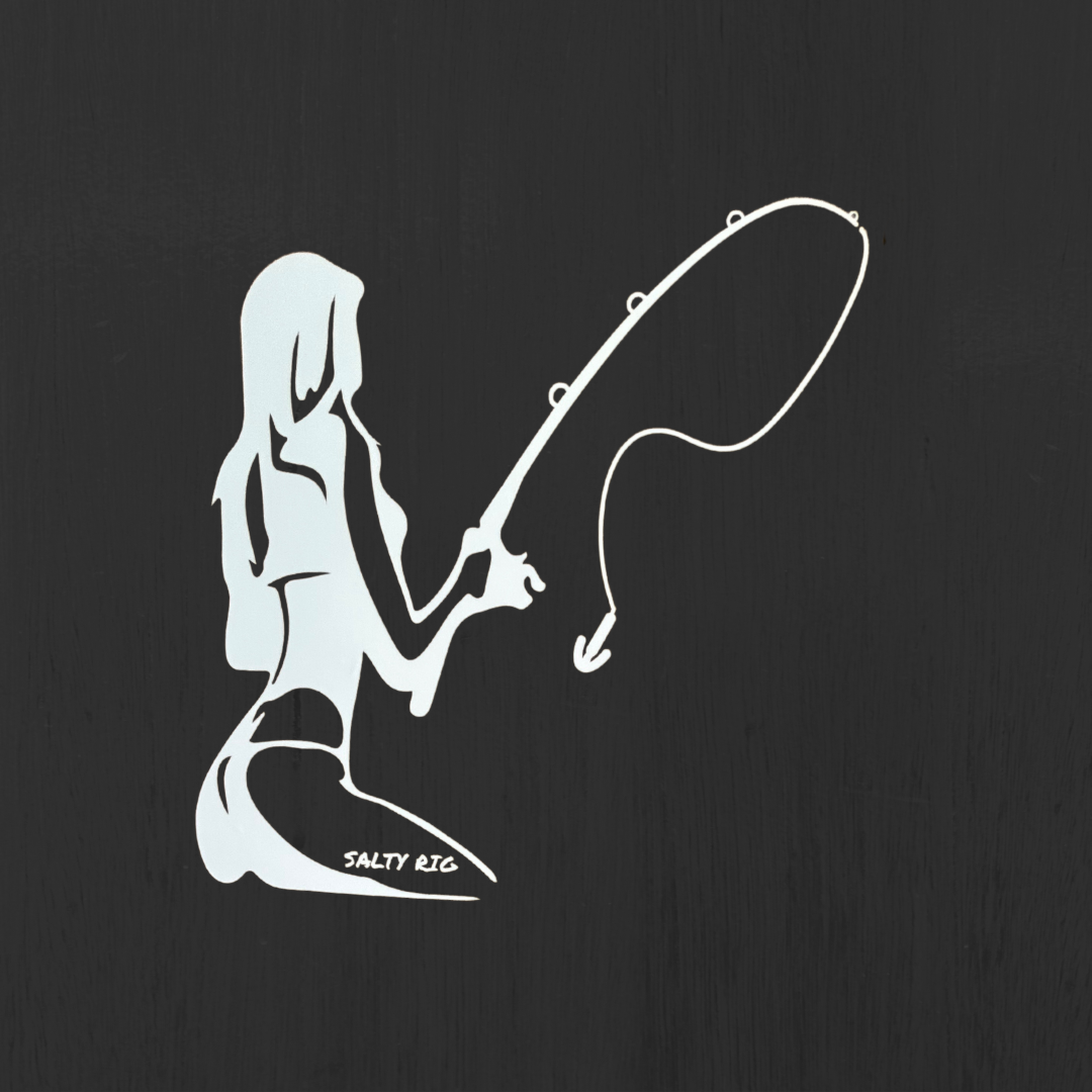 White silhouette of a mermaid holding a fishing rod on a black background with 'Salty Rig' text.