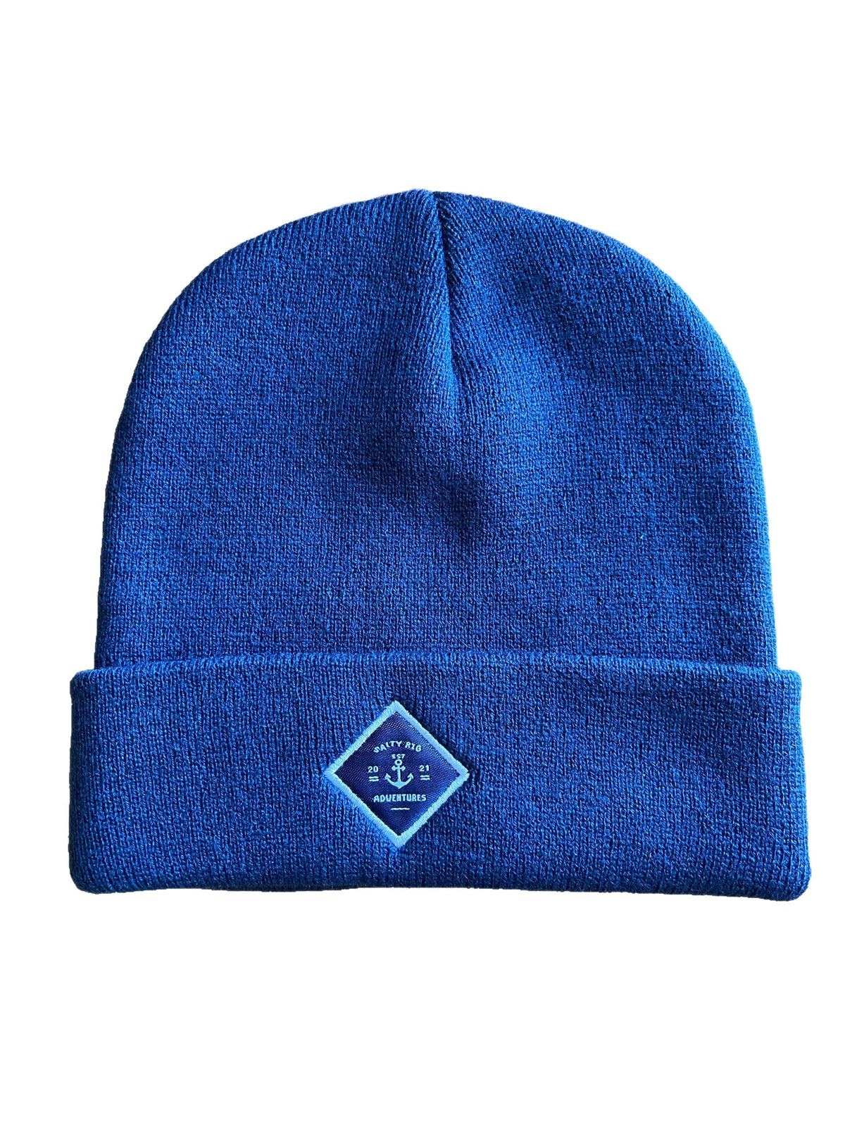 Blue beanie with a logo on a white background