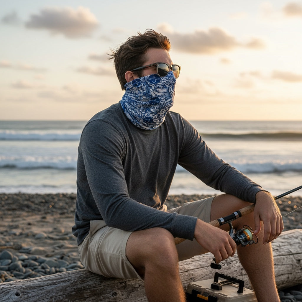 Man sitting on a log by the beach with a sunset in the background, wearing sunglasses and a face covering.