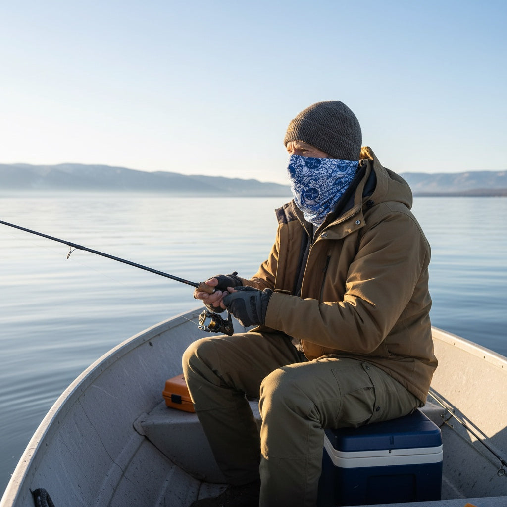 Person fishing on a boat wearing a brown coat and blue bandana, with a scenic background of water and mountains.