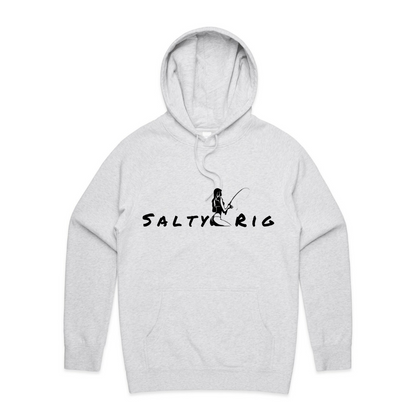Gray hoodie with 'Salty Rig' logo on a white background