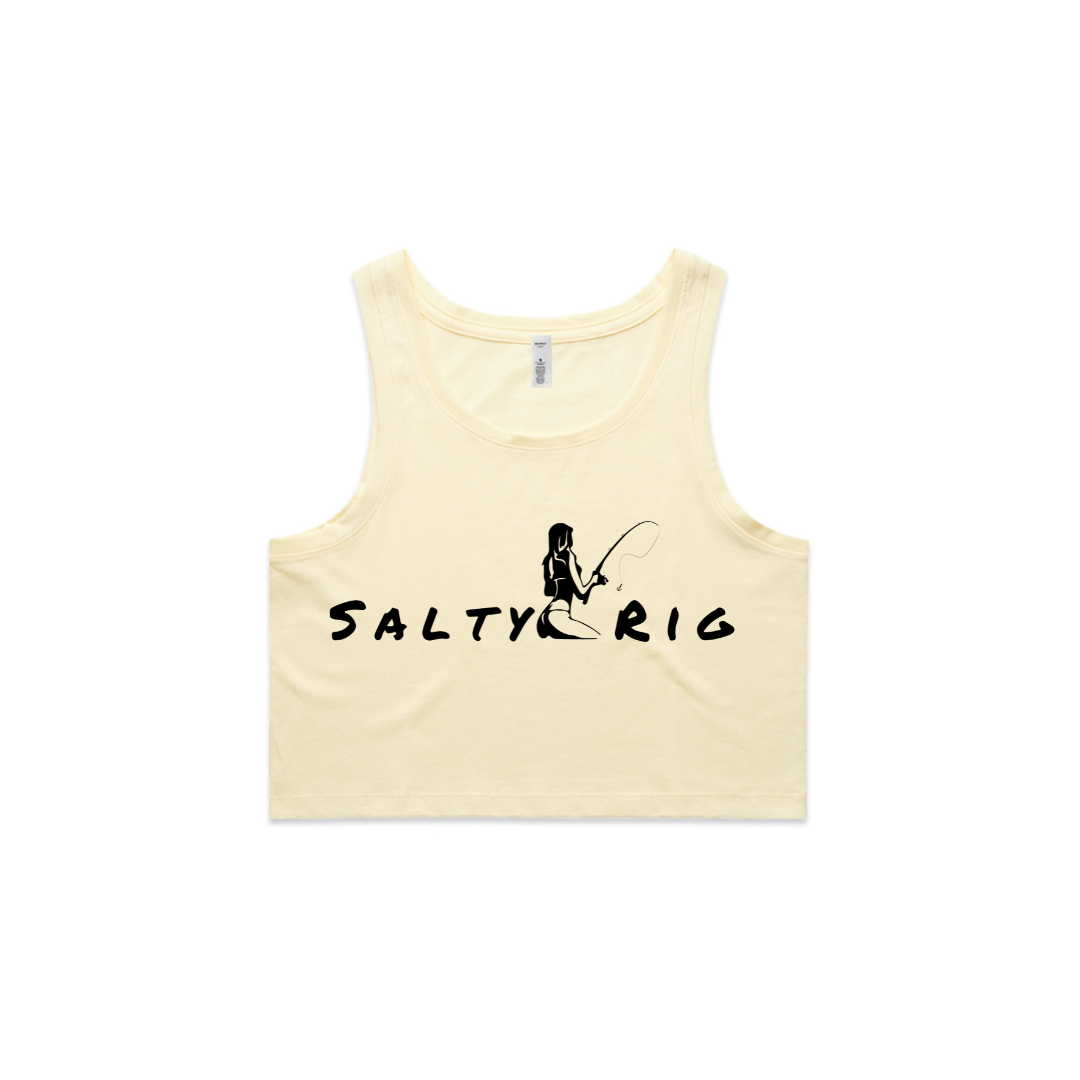 Beige tank top with 'Salty Rig' graphic design on a white background
