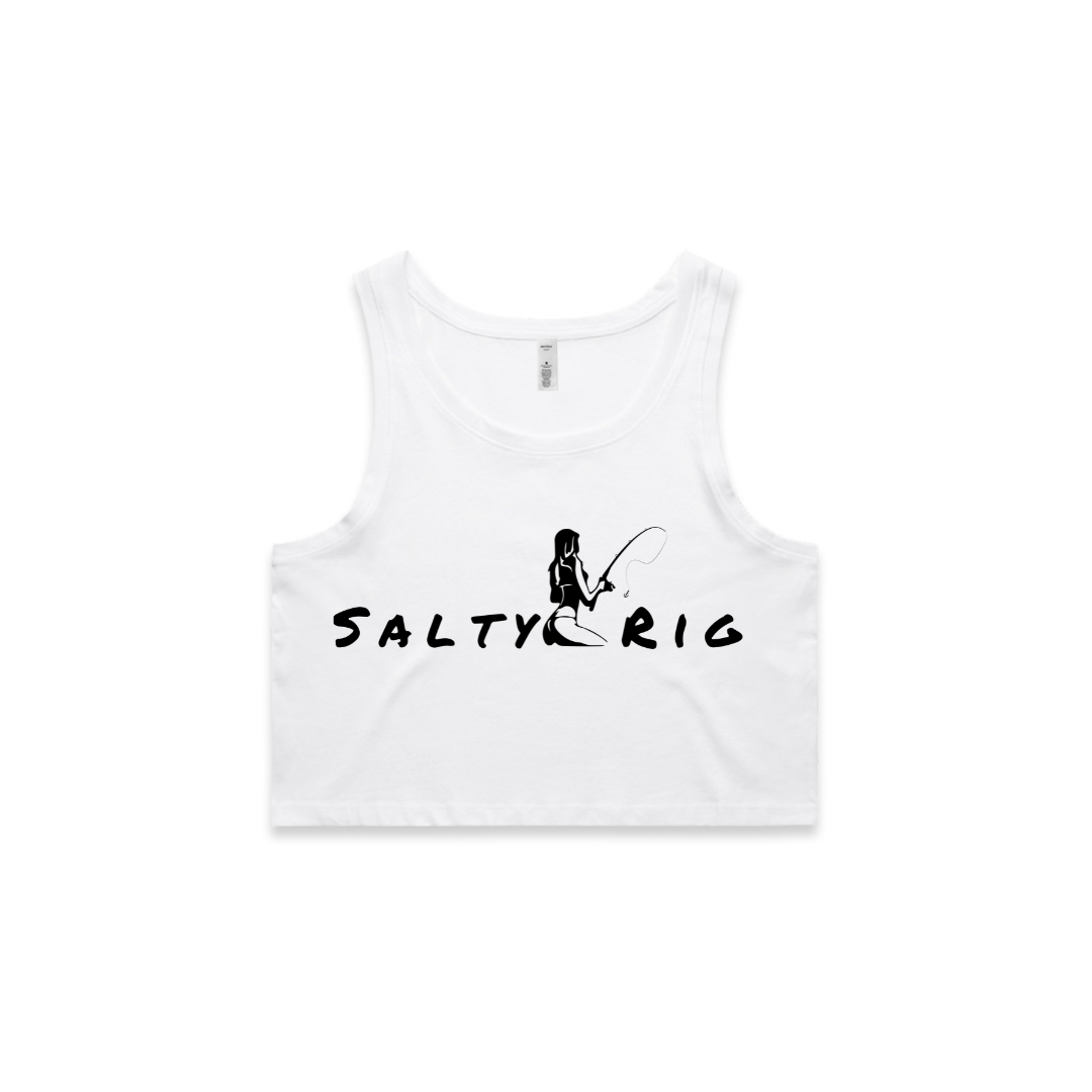 White tank top with 'Salty Rig' logo on a white background