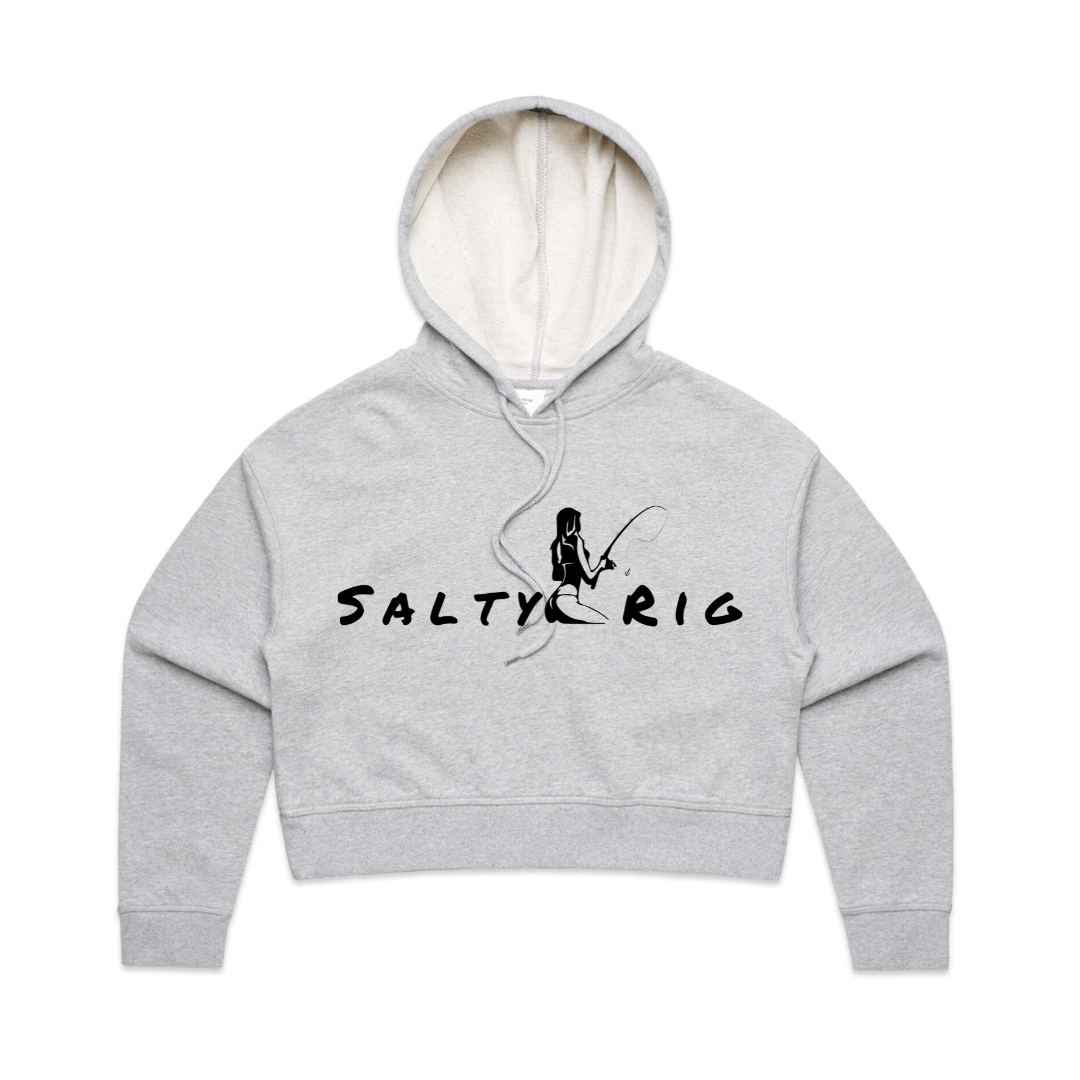 Gray hoodie with 'Salty Rig' logo on a white background