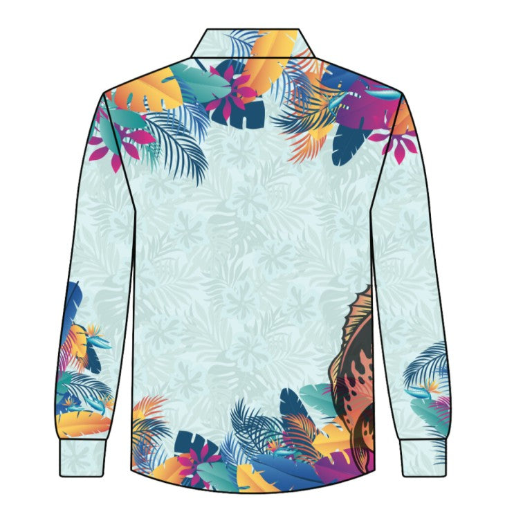 A long-sleeve button-up shirt shown from the back, featuring a light aqua background with a subtle palm leaf pattern and vibrant tropical floral and feather prints in orange, yellow, purple, teal, and blue along the edges.
