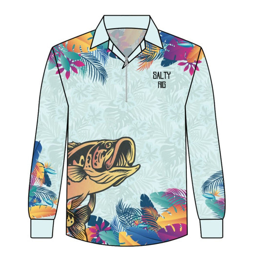 A long-sleeve half-zip collared shirt with a tropical fish and palm leaf print, featuring the brand name 'SALTY FISH' on the left chest, shown on a plain white background.
