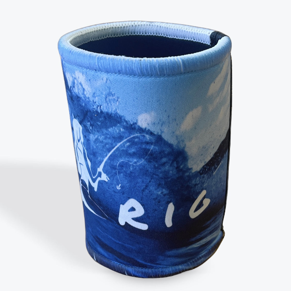 Blue cup cooler with 'RIO' branding on a white background