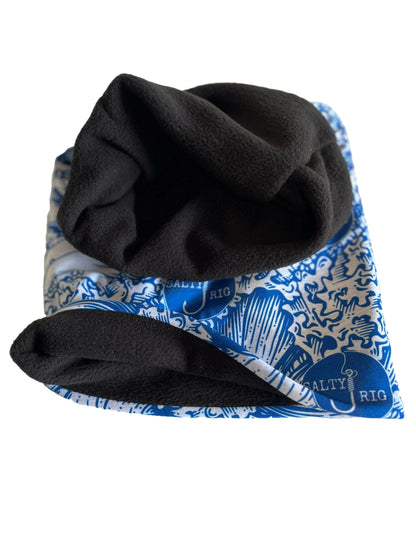 Black fleece blanket with blue patterned border on a white background