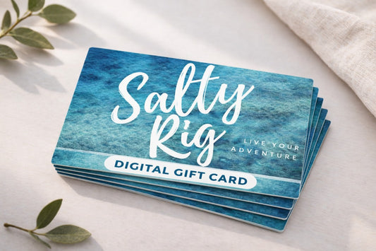Salty Rig digital gift card stack on a light surface with greenery