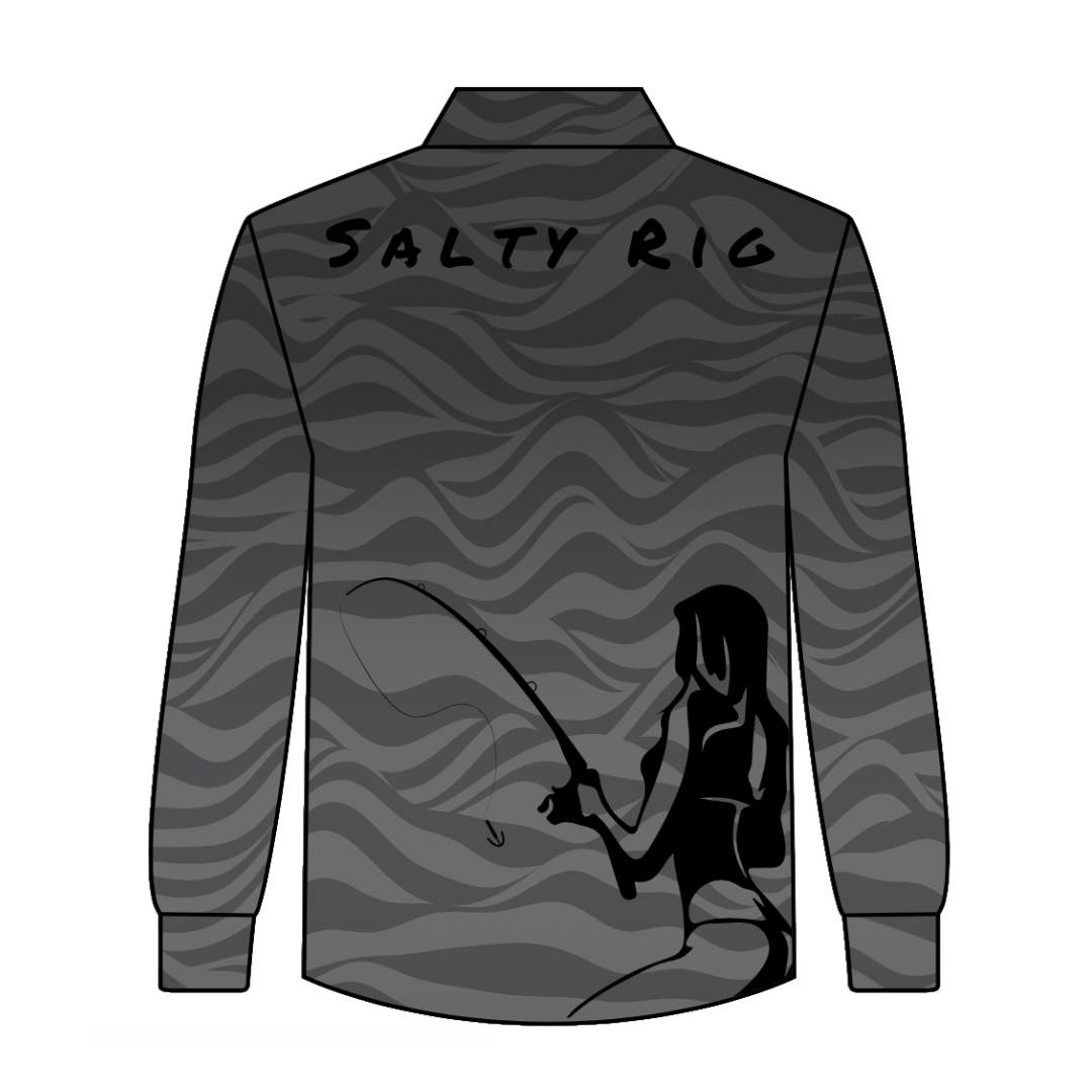 Long-sleeve shirt with 'Salty Rig' text on the back and a fishing graphic.