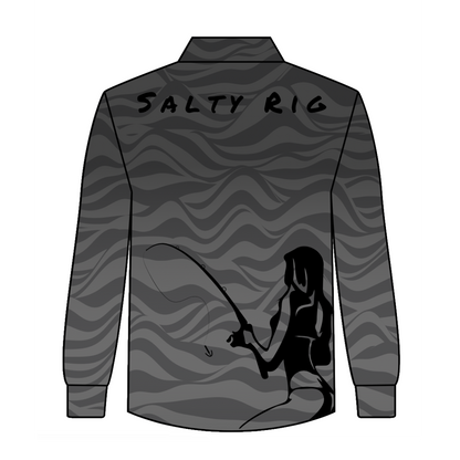 Long-sleeve shirt with 'Salty Rig' text on the back and a fishing graphic.