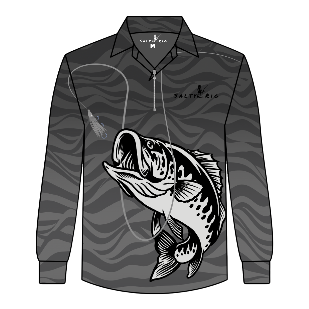 Long-sleeve shirt with fish design and 'Salty Rig' branding on a white background