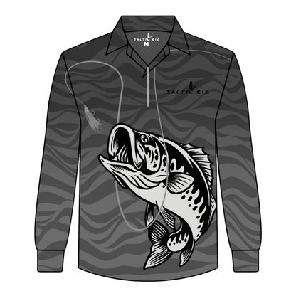 Long-sleeve shirt with fish design and 'Salty Rig' branding on a white background