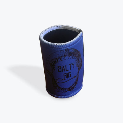 A blue neoprene can cooler with a black graphic of a shark and the text 'SALTY RIG' on the front, shown on a light gray background.