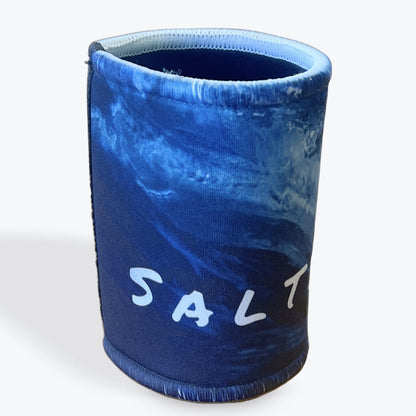 Blue marbled can cooler with 'SALT' text on a white background