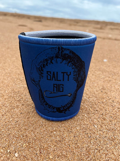 Blue cup holder with 'Salty Rig' branding on a sandy surface