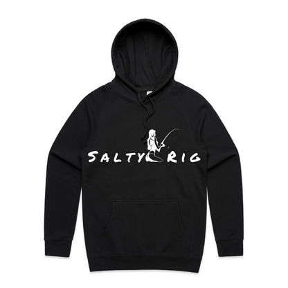 Black hoodie with 'Salty Rig' logo on a white background