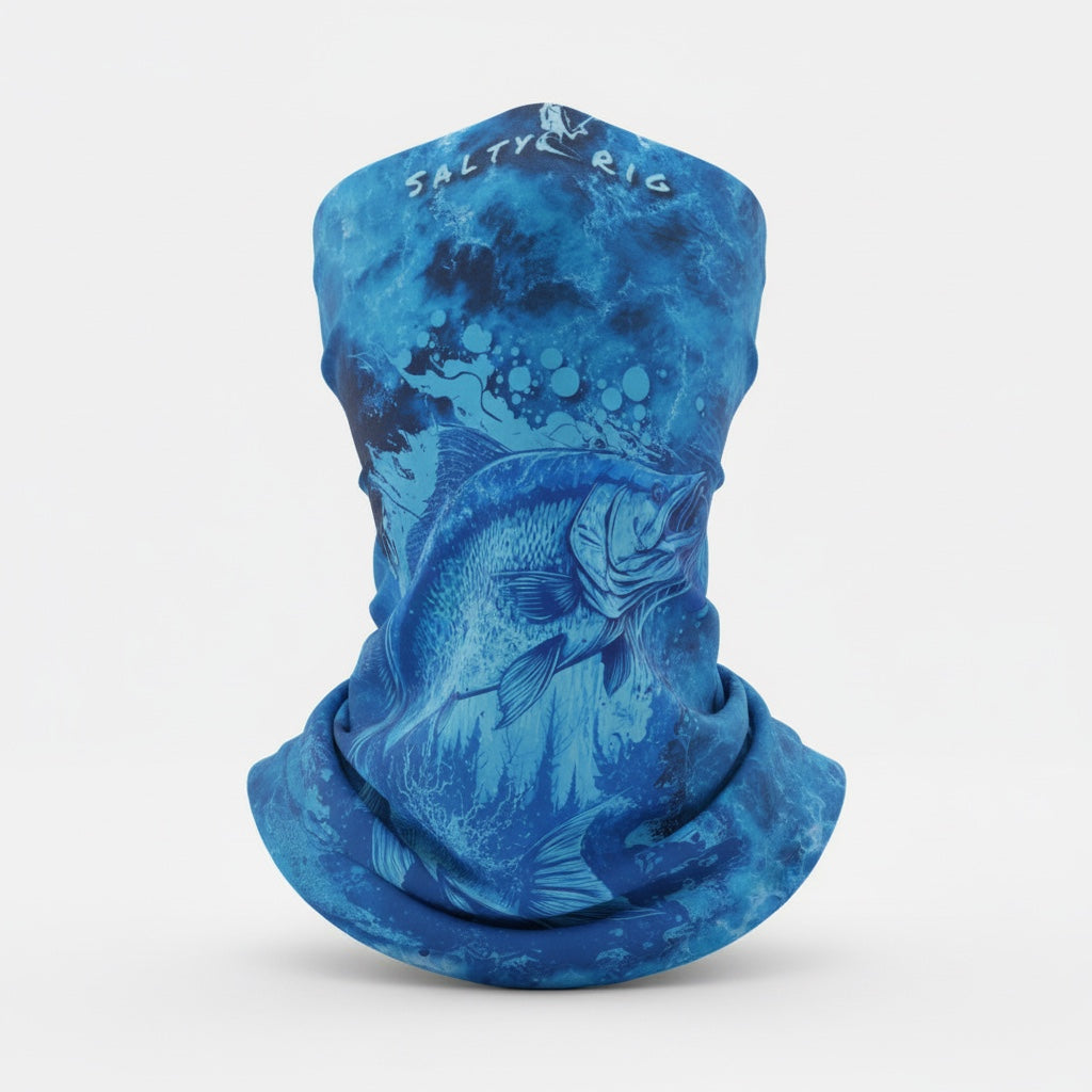 Blue patterned neck gaiter with fish design on a white background
