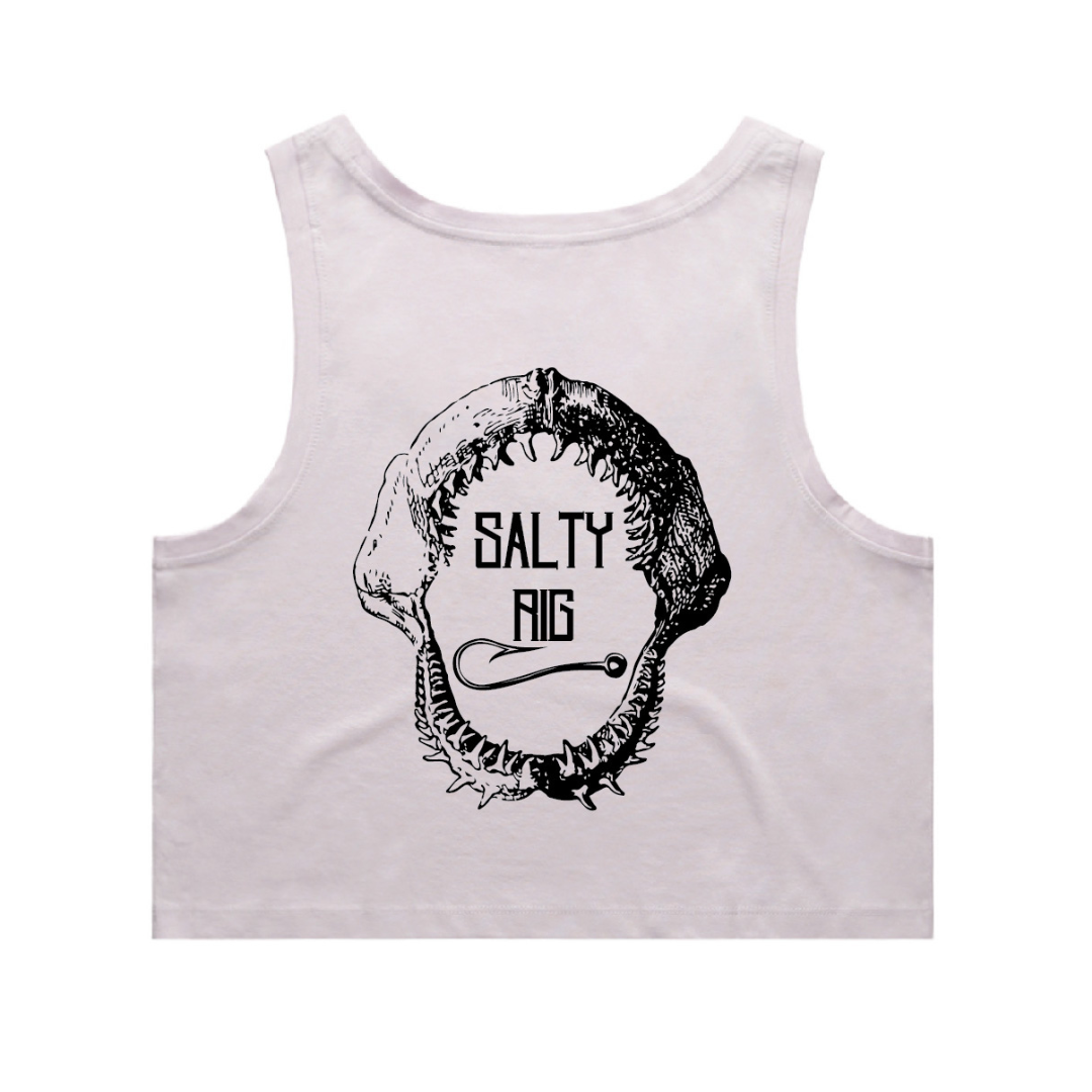 White tank top with black graphic design and 'Salty Rig' text on a white background