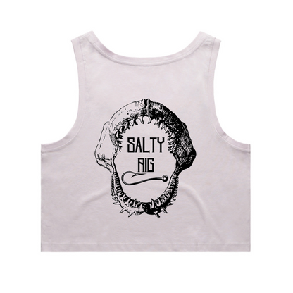 White tank top with black graphic design and 'Salty Rig' text on a white background