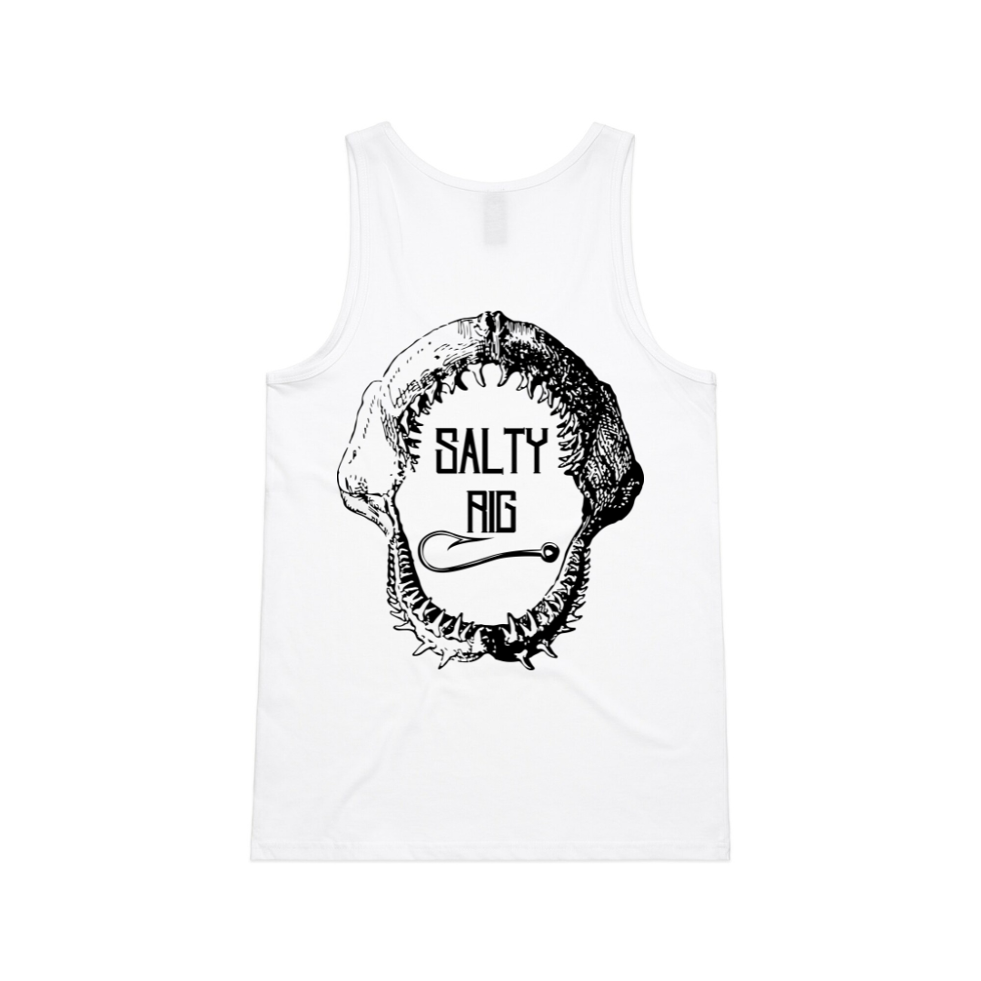 White tank top with black graphic design and 'Salty Fig' text on a white background